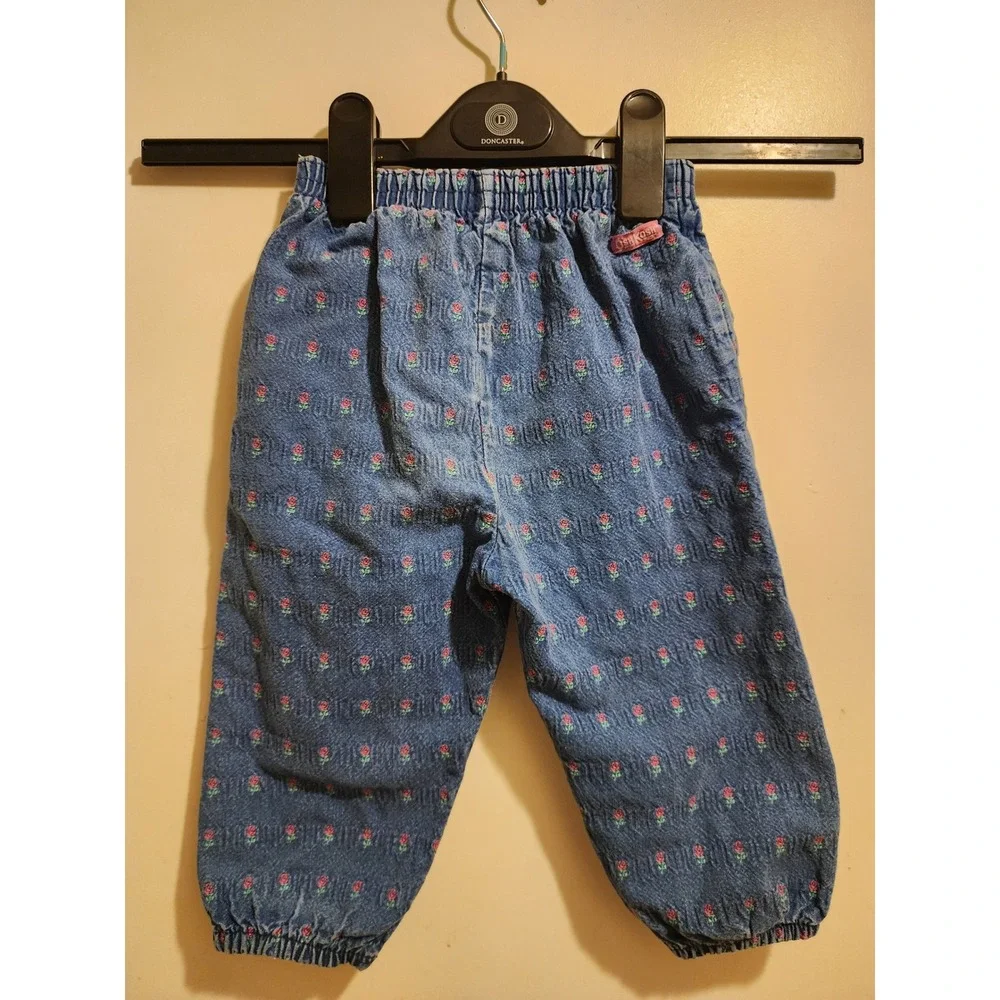 Vintage OshKosh Bgosh Floral Embroidered Denim Pants Blue Rose Elastic Waist